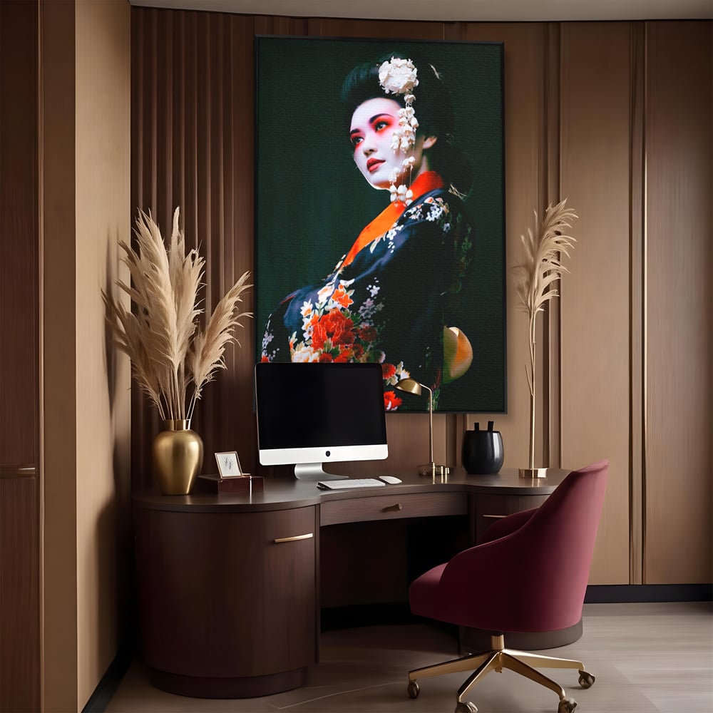 Tablou canvas cu tablou portret gheisa japoneza, in rama de aluminiu negru, pe perete intr-un birou